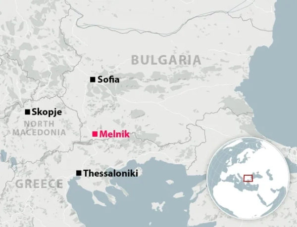 Карта, що показує Мельник у Болгарії відносно Софії, Салонік та Скоп'є