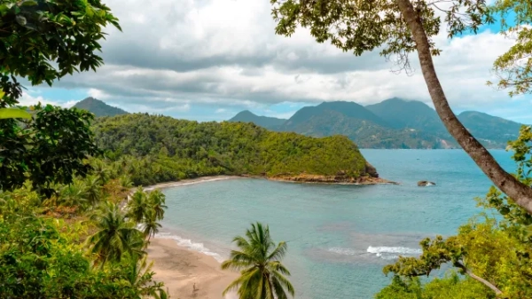 Вид в оточенні зелені на піщаний берег та блакитні води пляжу Батібу на Домініці в Карибському басейні.