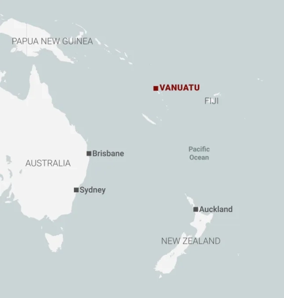 Карта Вануату та сусідніх країн у південній частині Тихого океану