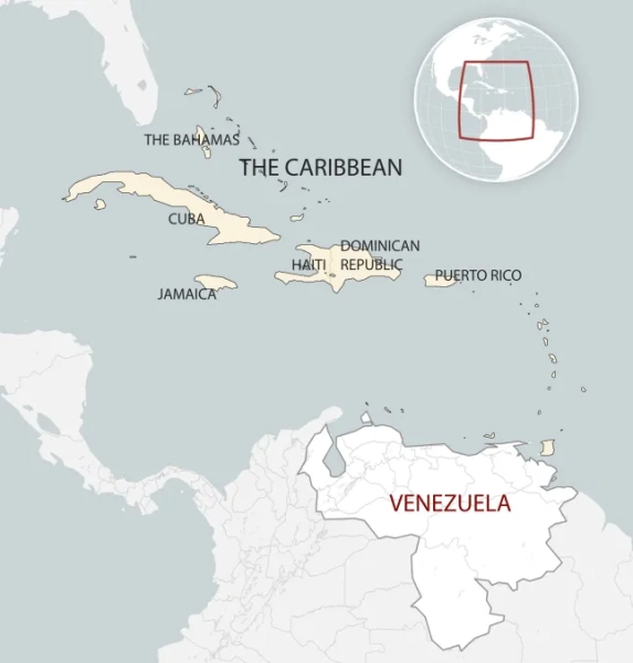 Карта показує розташування Венесуели відносно Карибських островів.