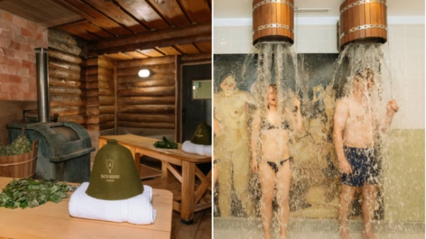 Приватна сауна в лазні «Банья» з листям евкаліпта та шапочкою для сауни на процедурному столі. Двоє людей обливаються холодним душем.