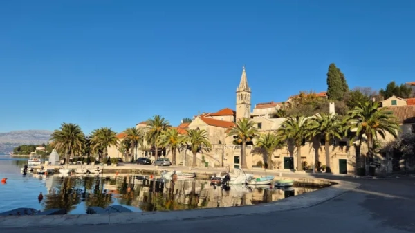 Яскравий сонячний пейзаж гавані з пальмами, невеликими човнами та історичними кам'яними будівлями, що відбиваються у спокійній воді під чистим блакитним небом. Село Сплітска на острові Бра??, розташованому в регіоні Далмація в Хорватії.