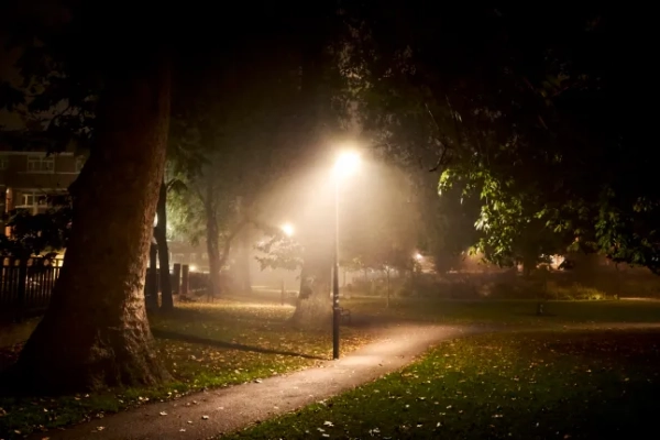 Порожній самотній громадський парк вночі, освітлений яскравим вуличним ліхтарем під платан у Берндсі на південному сході Лондона, Англія, Велика Британія.