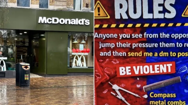 Макдональдс у Хакні (ліворуч) та пост із закликом до бійки (праворуч).