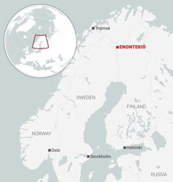 Карта фінської Лапландії з позначенням Енотекіо за Полярним колом