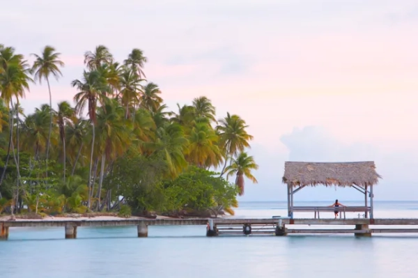 Тобаго, Піджн-Пойнт, жінка сидить під солом'яним навісом на дерев'яному пірсі, вид ззаду