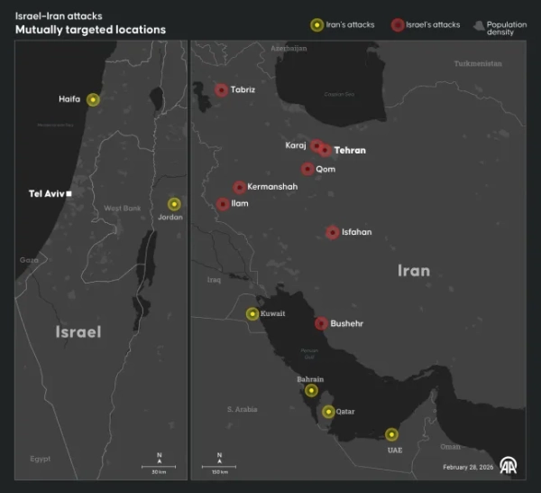 Чи безпечно зараз подорожувати до Дубая? Іранський удар забрав життя однієї людини в аеропорту ОАЕ. 9 АНКАРА, ТУРЕЧЧИНА – 28 ЛЮТОГО: Інфографіка під назвою «Ізраїль??Іран атакує», створена в Анкарі, Туреччина, 28 лютого 2026 року. (Фото Кадрі Суат Челік/Anadolu через Getty Images)