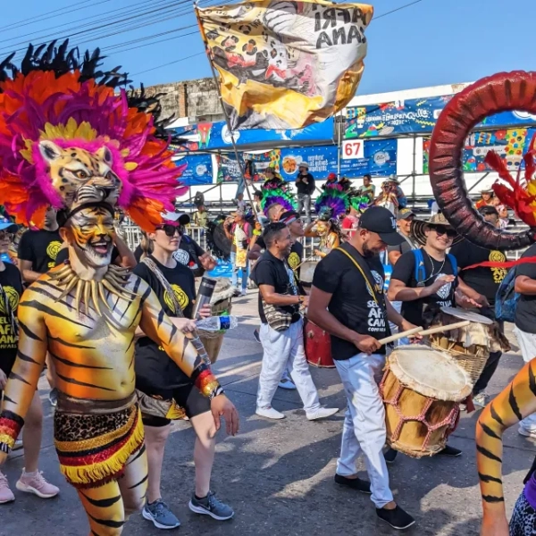 Люди проходять парадом вулицею в рамках карнавалу в Колумбії.