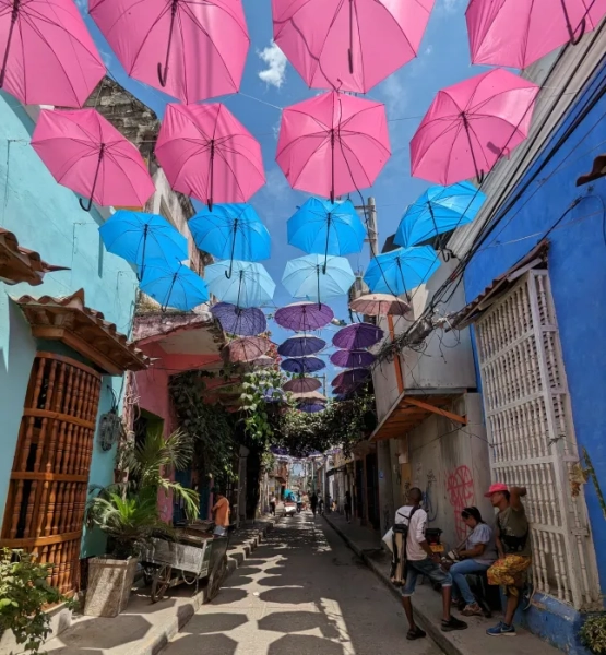 Вулиця в Колумбії, заповнена рожевими, синіми та фіолетовими парасольками.