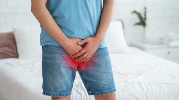 Концепція чоловічої фертильності, біль у передміхуровій залозі, чоловік, який страждає від простатиту або венеричного захворювання, урологічні генітальні інфекції