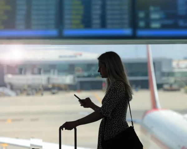 жінка чекає на рейс в аеропорту