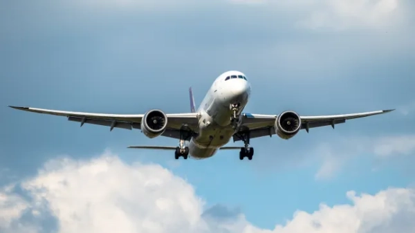 Вид спереду на білий комерційний літак 777, що злітає з аеропорту, на тлі блакитного хмарного неба.