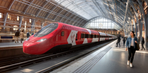 Макет червоного поїзда Virgin, що чекає на платформі Eurostar у лондонському вокзалі Сент-Панкрас, поки повз проходять пасажири.