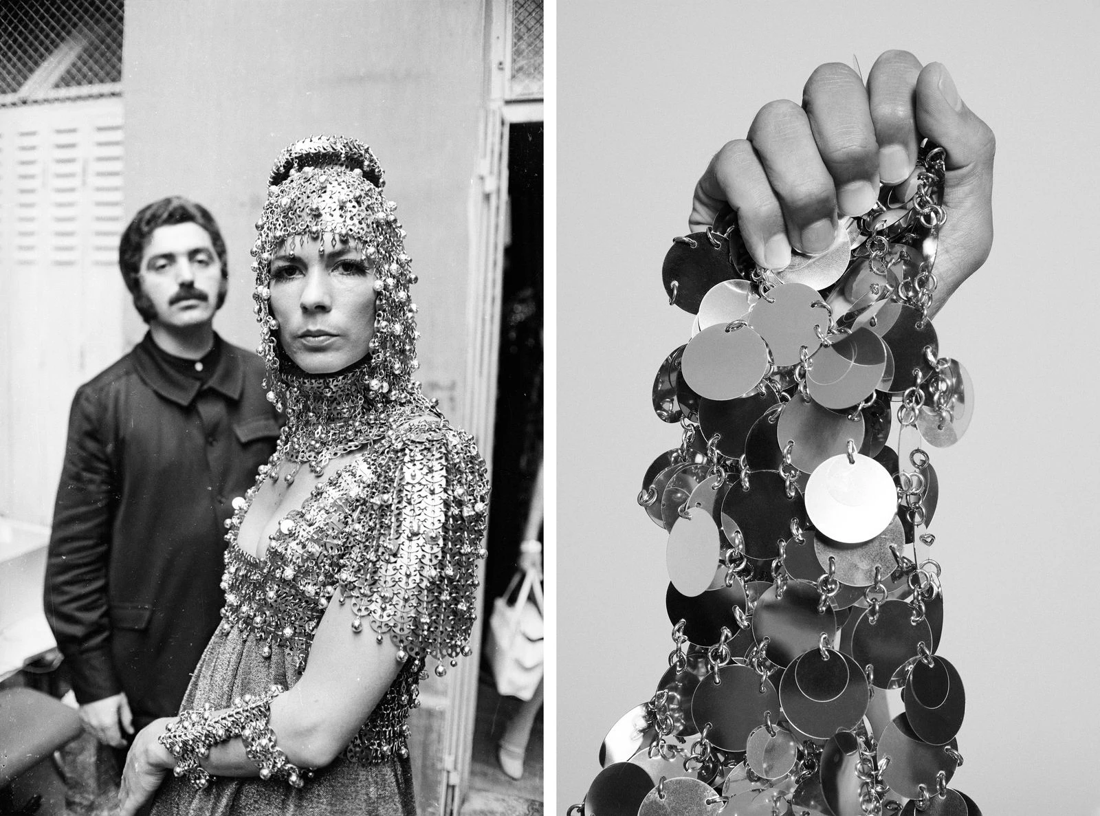 Spanish fashion designer Paco Rabanne with model Isabelle Feydel, 1967; the famous Rabanne chainmail dress held by Olivier Rousteing1