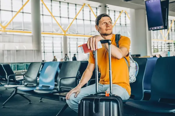 Flight anticipation, solo journey, waiting moment.