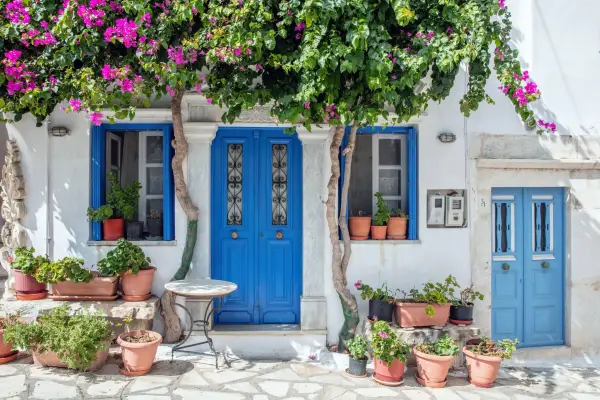 A whitewashed house with a bright blue door, surrounded by greenery and flower pots, on a bright sunny day on the Greek island of Tinos.