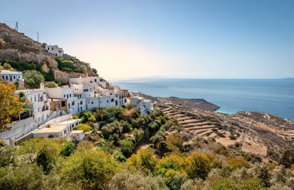 Kardiani, a beautiful picturesque village, the greenest one of Tinos Island, in Cyclades, Greece. It lies on the slopes of Mount Pateles, overlooking the Aegean Sea.