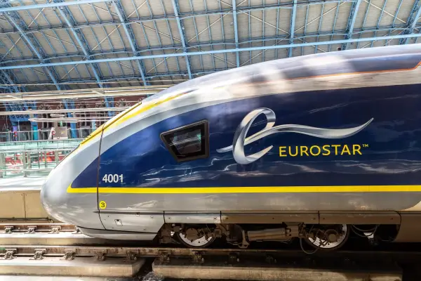 LONDON, UK - JUNE 17, 2022: Modern The Eurostar high speed bullet train - connects Paris Gare du Nord and London St. Pancras train station in London, UK; Shutterstock ID 2293526293; purchase_order: -; job: -; client: -; other: