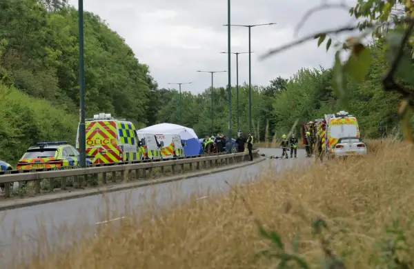 A forensic tent and emergency services on the A66 in South Bank, Middlesbrough, North Yorkshire, after a crash
