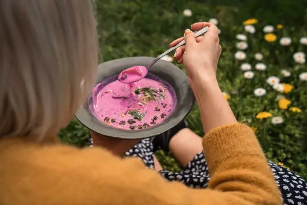 A bowl of pink soup, Šaltibarščiai, topped with dill and served with bread and potatoes.