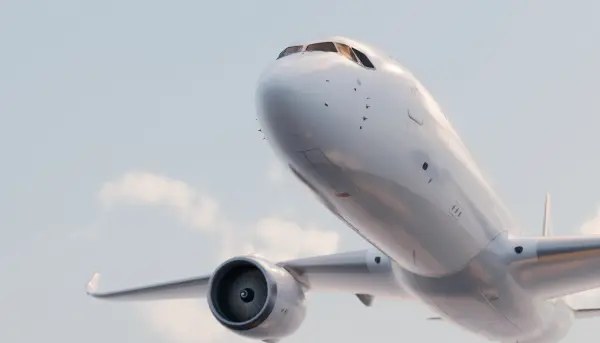 White passenger jet airplane taking off, flying upwards in a blue sky with soft clouds, symbolizing global travel and flight