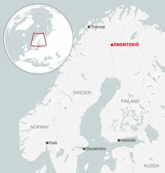 A map of Finnish Lapland, pinpointing Enotekio in the Arctic Circle