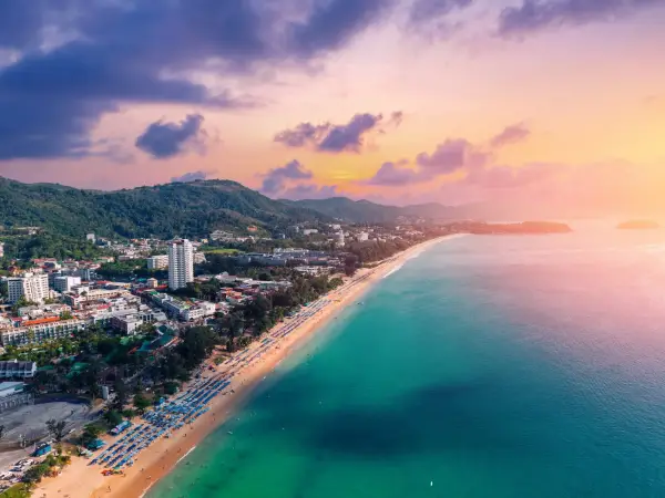 Sunset over karon beach on Phuket island, Thailand.