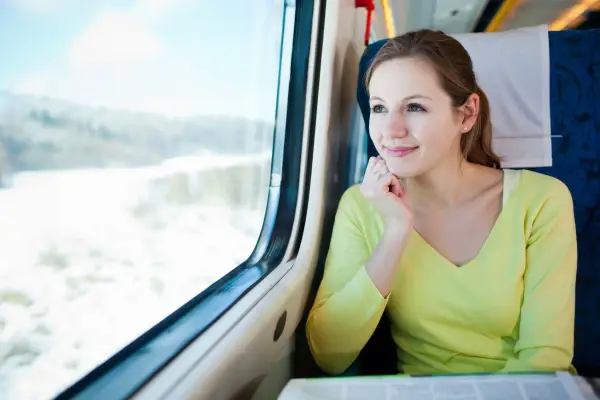 Young woman traveling by train; Shutterstock ID 93987550; purchase_order: -; job: -; client: -; other: -