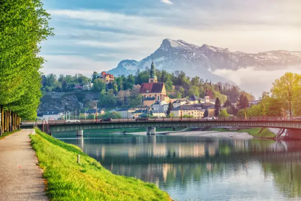 Salzburg sunset light and reflection of the city in warm lights. Austria; Shutterstock ID 2156008885; purchase_order: -; job: -; client: -; other: -