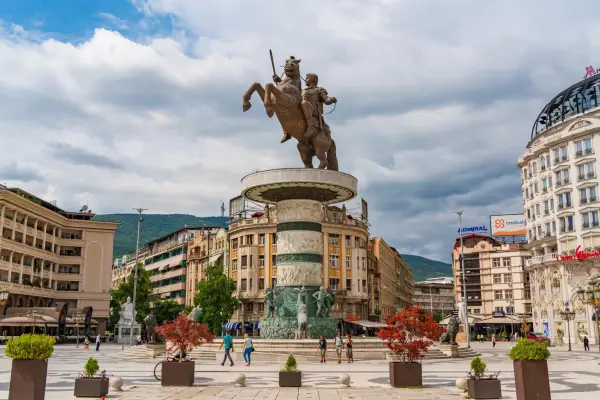 Skopje, North Macedonia - August 10 2023: Warrior on Horseback Monument and Macedonia Square in Skopje, North Macedonia; Shutterstock ID 2654757373; purchase_order: -; job: -; client: -; other: