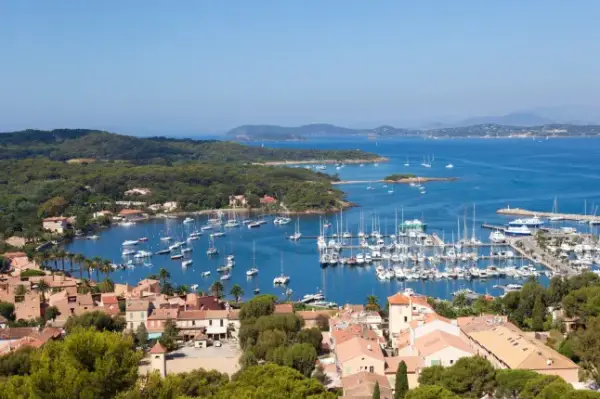 View of Porquerolles island marina from " Fort Sainte Agathe " in France