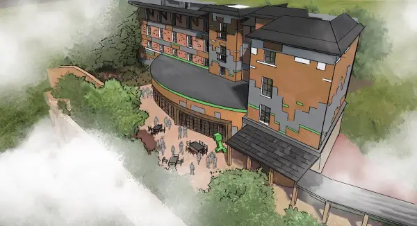 Minecraft World Hotel exterior facade illustration