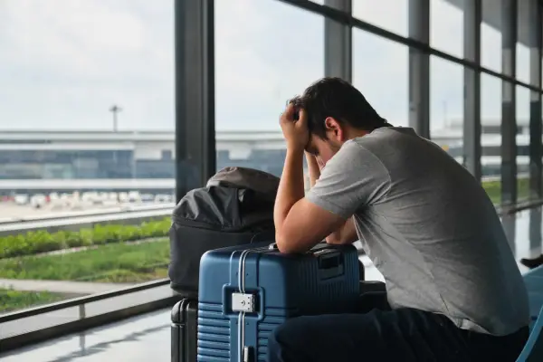 Frustrated man at Narita airport, annoyed because his flight was canceled.; Shutterstock ID 2344590417; purchase_order: -; job: -; client: -; other: