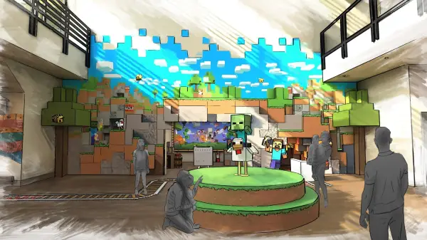 Minecraft World Hotel check-in entrance illustration