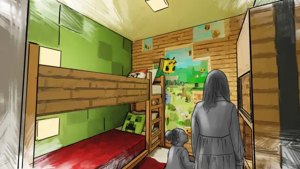 Minecraft World Hotel standard kid's room illustration