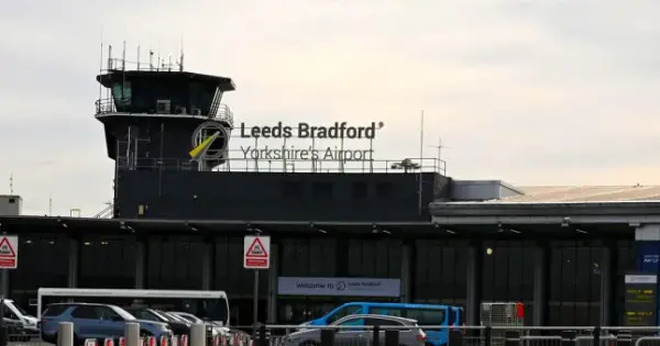 A near-deserted Leeds Bradford airport is pictured on March 21, 2020, as air travel grinds to a halt. (Photo by Oli SCARFF / AFP) (Photo by OLI SCARFF/AFP via Getty Images)